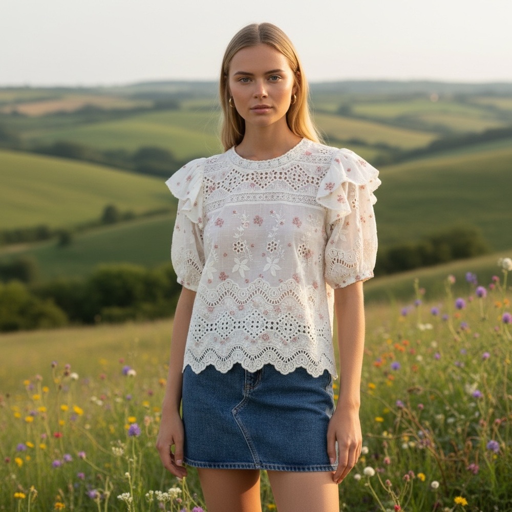 LoveShackFancy Tilda Lace Ruffle Blouse Small Ivory Floral Sheer Top